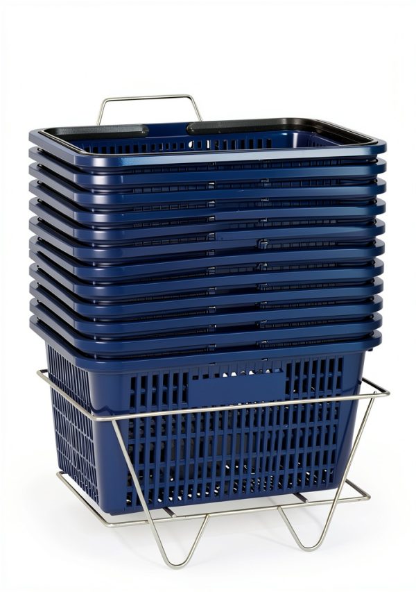 Store Supply Warehouse Blue Mini Shopping Basket Set with Sturdy Stand-6