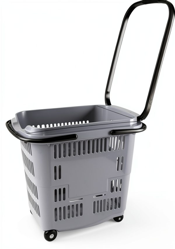 50 Liter Plastic Shopping Basket 4 Pack Gray Kekow Wheels Long Handle-1