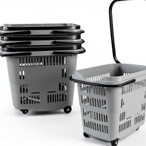 50 Liter Plastic Shopping Basket 4 Pack Gray Kekow Wheels Long Handle-0
