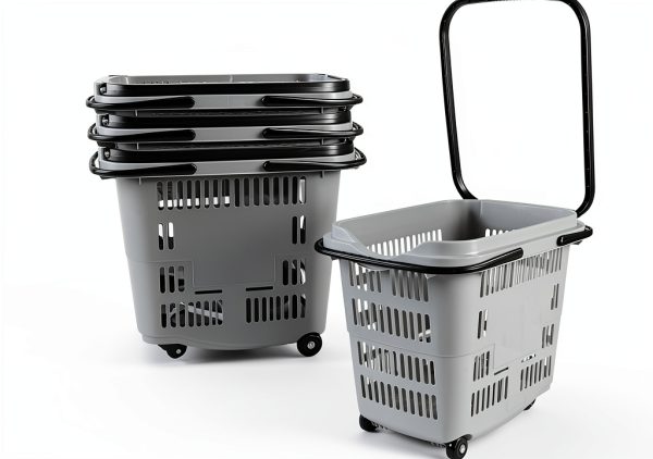 50 Liter Plastic Shopping Basket 4 Pack Gray Kekow Wheels Long Handle-0