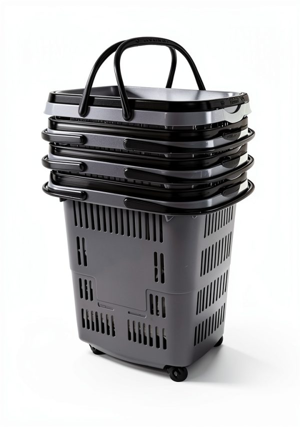 50 Liter Plastic Shopping Basket 4 Pack Gray Kekow Wheels Long Handle-3