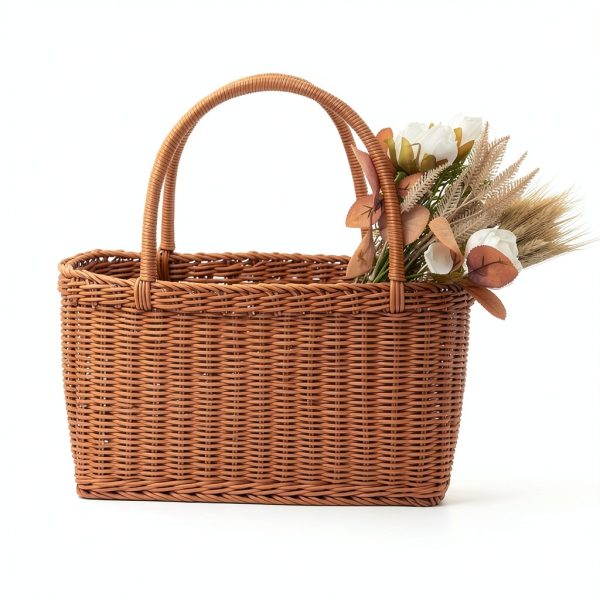 Shapeazy Rustic Plastic Woven Market Basket Brown Rectangular 7.9"-3