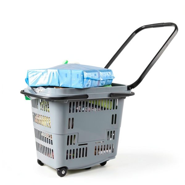 50 Liter Plastic Shopping Basket 4 Pack Gray Kekow Wheels Long Handle-4