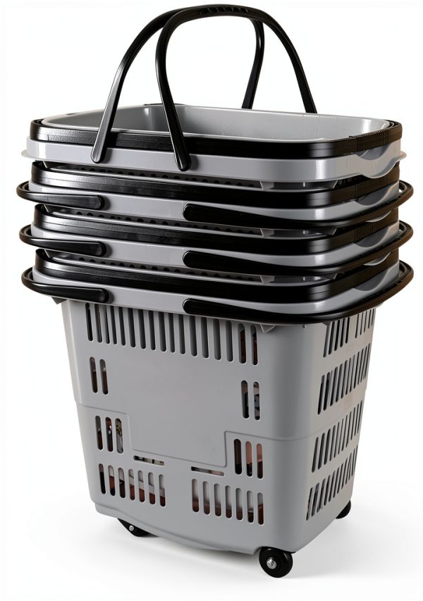 50 Liter Plastic Shopping Basket 4 Pack Gray Kekow Wheels Long Handle-6