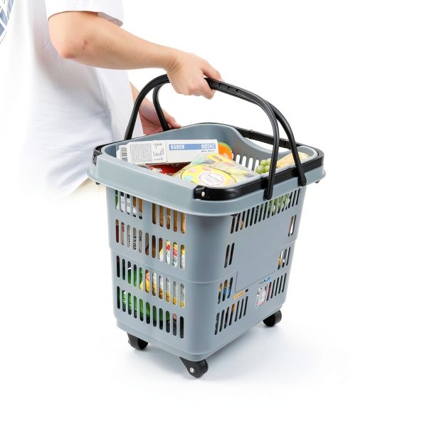 50 Liter Plastic Shopping Basket 4 Pack Gray Kekow Wheels Long Handle-5
