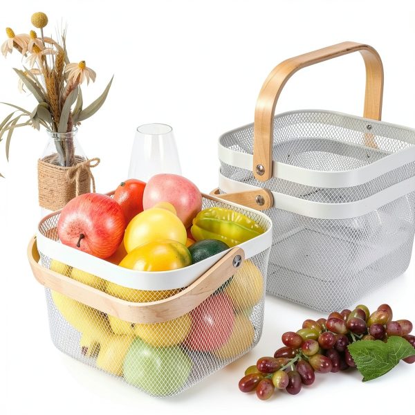 Roshtia 6 Pcs Metal Mesh Steel Basket with Handle, Square Wire Harvest Thanksgiving, Shopping Baskets for Retail Store Christmas Garden Bathroom Kitchen(8.46 x 8.46 x 6.5 Inch,White)-1