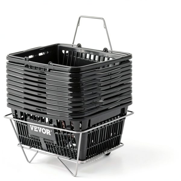 VEVOR Shopping Basket, Set of 12 Black, Durable PE Material with Handle and Stand, Basket Dimension 16.9"L x 11.8"W x 8.07"H and Used for Supermarket, Retail, Grocery- Holds 21 L of Merchandise-5