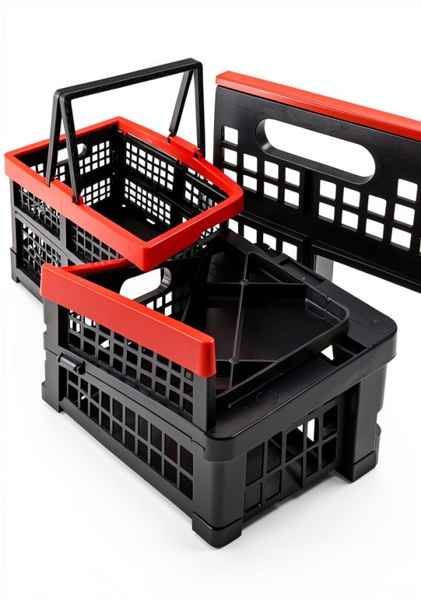 Idomy Pack of 2 Collapsible Storage Crates with Handles, Plastic Grocery Shopping Baskets-3
