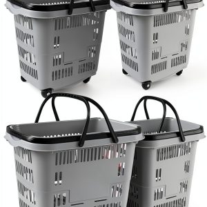 50 Liter Plastic Shopping Basket with Wheels, 4 Pack Large Rolling Baskets for Groceries, Gray-0