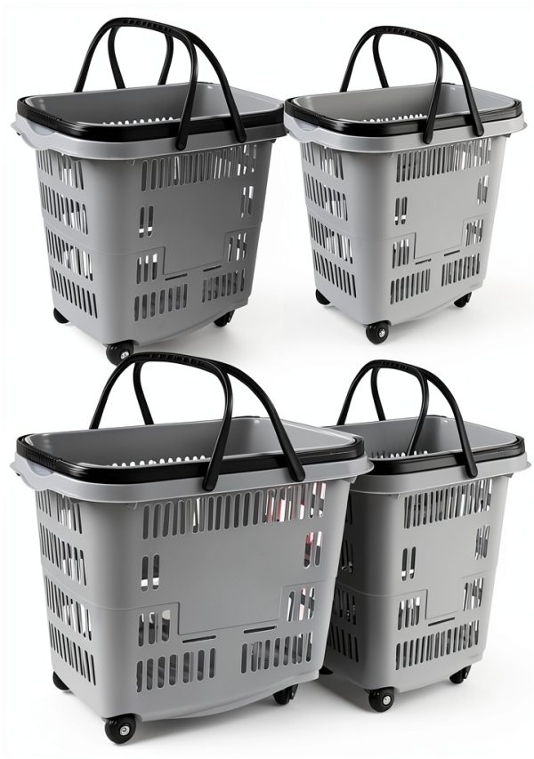 50 Liter Plastic Shopping Basket with Wheels, 4 Pack Large Rolling Baskets for Groceries, Gray-0