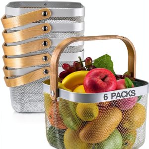 Roshtia 6 Pcs Metal Mesh Steel Basket with Handle, Square Wire Harvest Thanksgiving, Shopping Baskets for Retail Store Christmas Garden Bathroom Kitchen(8.46 x 8.46 x 6.5 Inch,White)-0