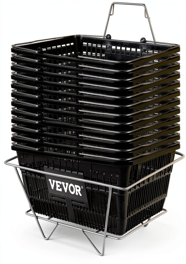 VEVOR Shopping Basket, Set of 12 Black, Durable PE Material with Handle and Stand, Basket Dimension 16.9"L x 11.8"W x 8.07"H and Used for Supermarket, Retail, Grocery- Holds 21 L of Merchandise-0