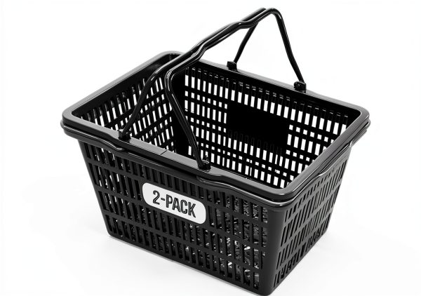 Stackable Plastic Shopping Baskets Black 2-Pack for Grocery Retail-0
